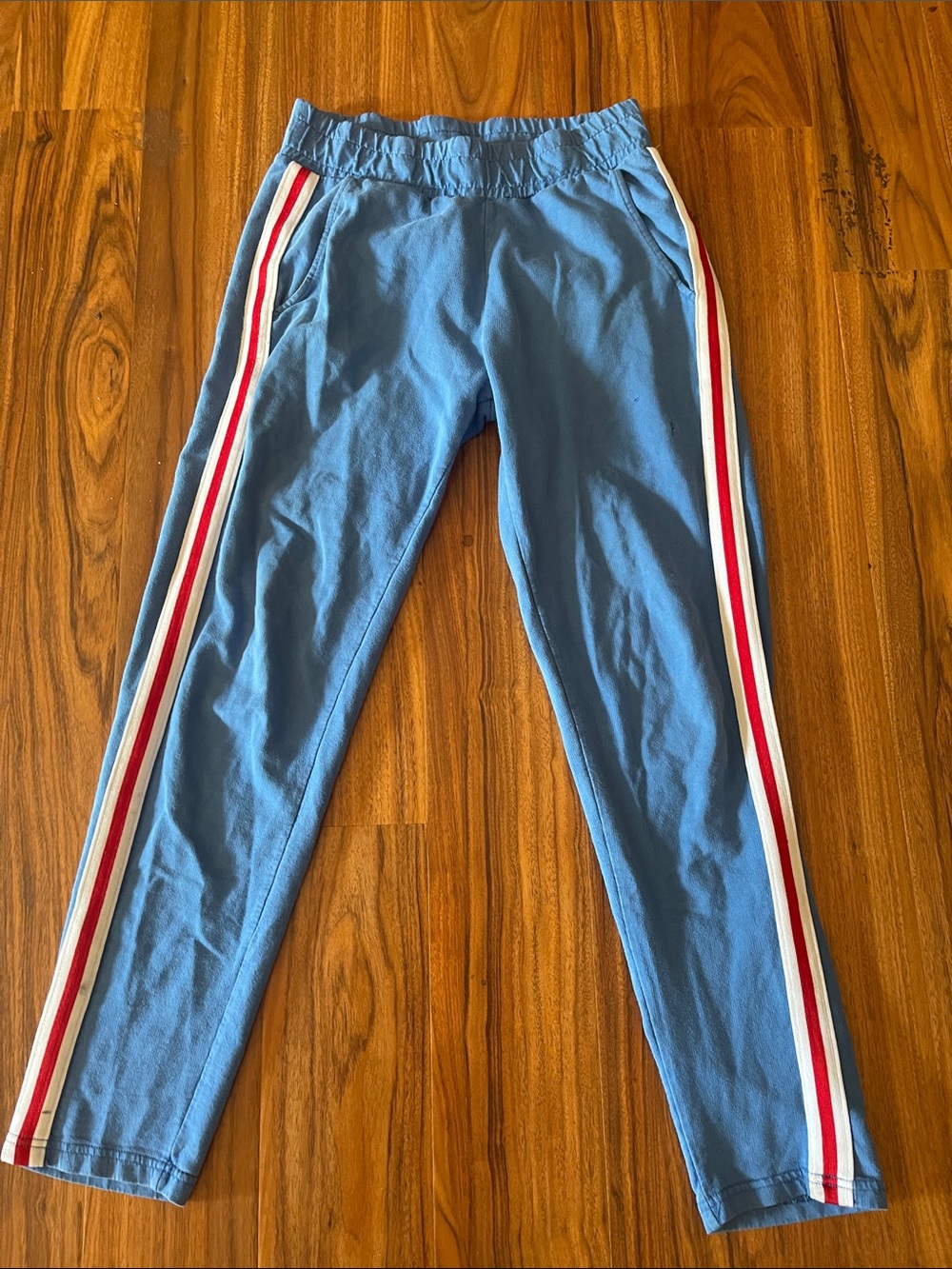 Kids Blue Track Pants with Red & White Side Stripes